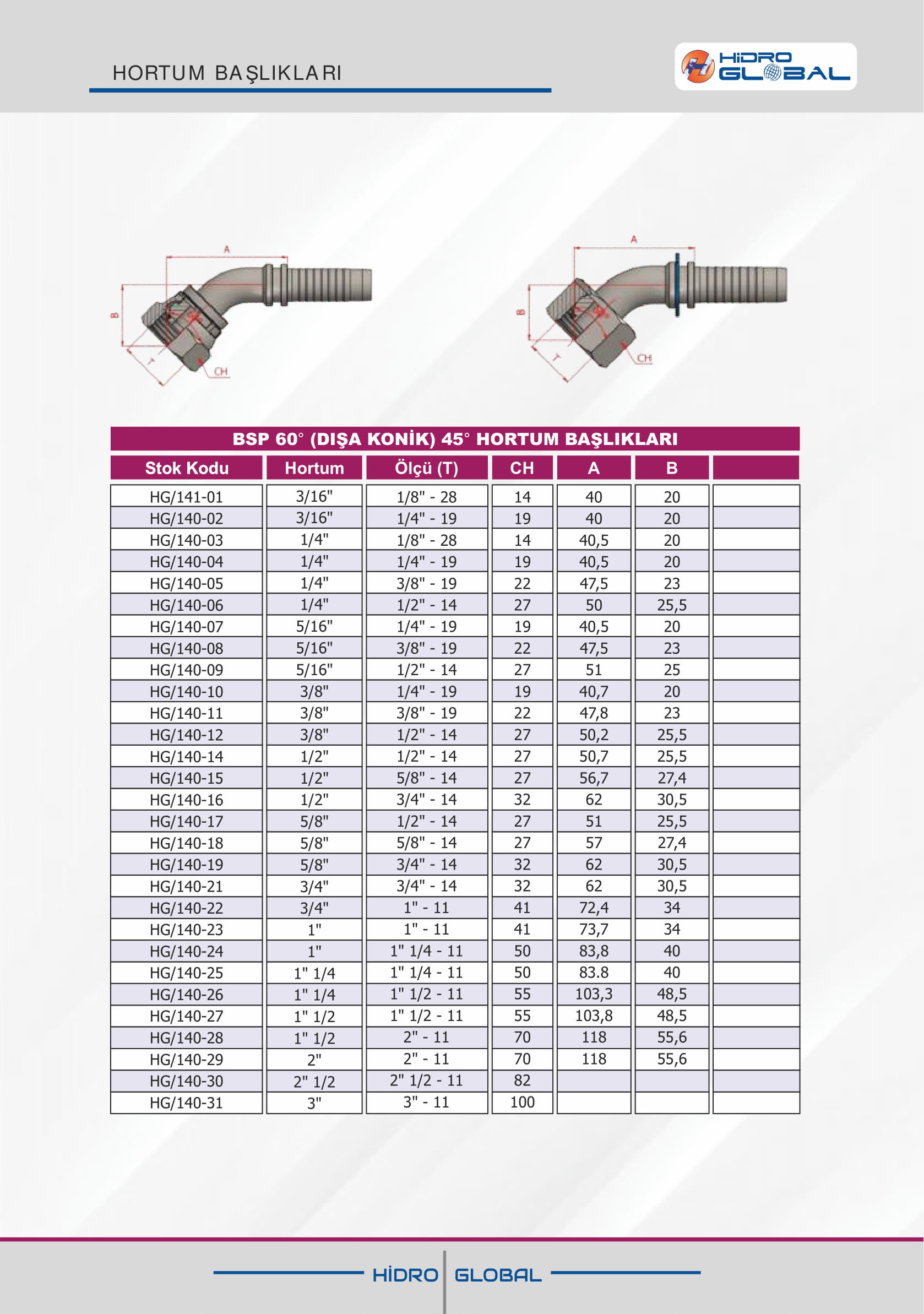 BSP 60 DIŞA KONİK 45 HORTUM BAŞLIKLARI